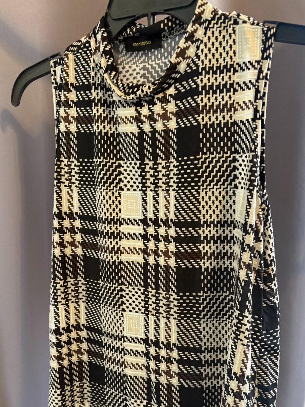 Espresso Vintage Mock Neck Sleeveless Top Neutral Plaid Houndstooth Small